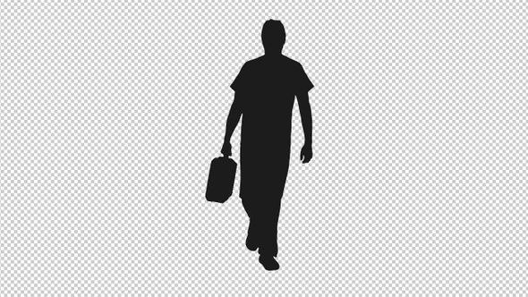 Black and White Silhouette of Man Walking with Suitcase, Alpha Channel alt