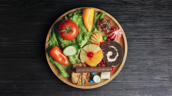 Top View of Fresh Ripe Fruits with Vegetables and Assorted Sweets Junk Food on Wooden Table