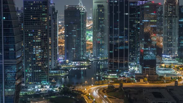 Jumeirah Lake Towers Residential District Aerial Night Timelapse Near Dubai Marina