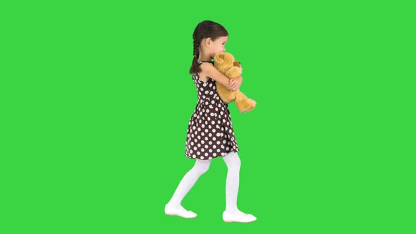 Little Girl in Polka Dot Dress Hugging Big Teddy Bear While Walking and Looking at Camera on a Green