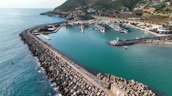 Yachts in the port aerial view 4 K Alanya Turkey