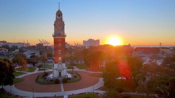 Stunning sunrise aerial view of Torre Monumental in Retiro, Buenos Aires