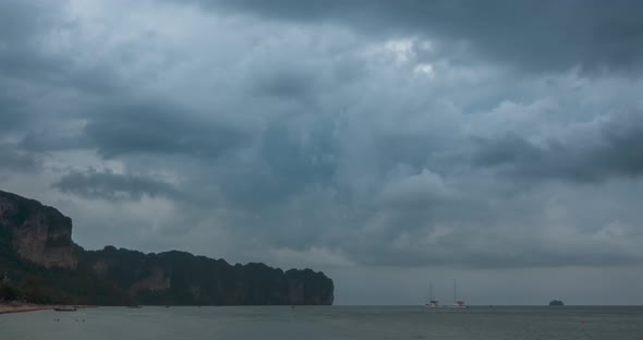 Time Lapse of Rain Clouds Over Beach and Sea Landscape with Boats. Tropical Storm in Ocean.