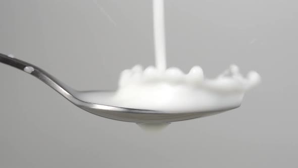 Splash of pouring fresh white milk into a spoon