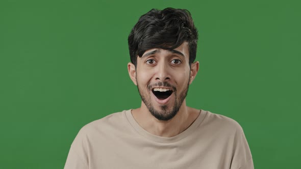 Portrait Astonished Arab Guy Open Mouth with Delight Hold Head From Incredible News Feels Shock Joy