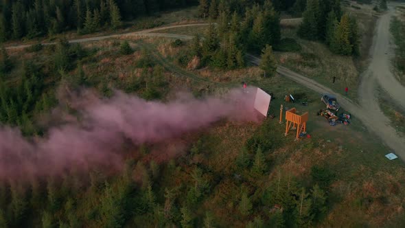 Mountain Movie Shooting Team Aerial View with Smoke Screen Green Trees Growing