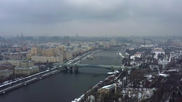 Aerial Shot of City Center of Residential Area in Moscow, Russia. Drone Is Hovering Over the Central