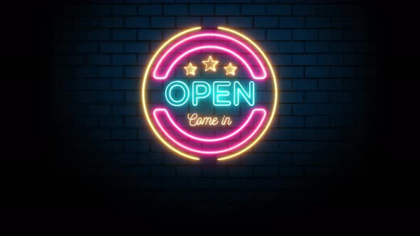 Open Come In Text Neon Sign on Brick Wall