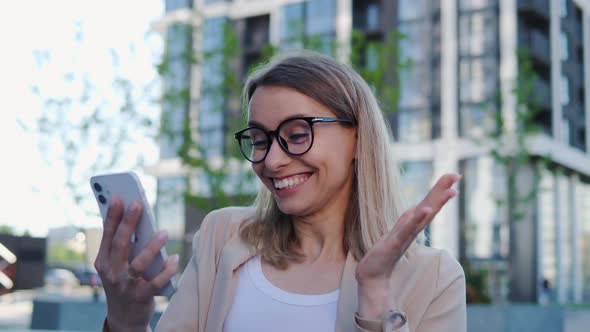 Overjoyed Blond Business Woman Celebrate Online Win Success Got a New Job