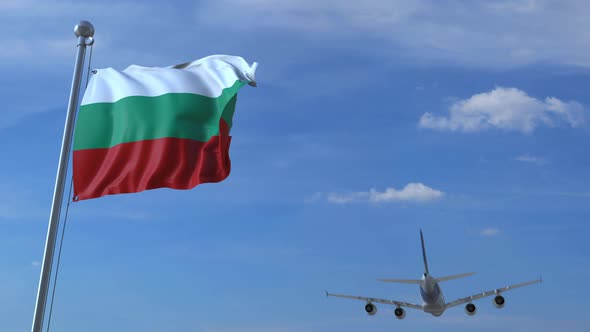 Airplane Flies Over Waving Flag of Bulgaria alt