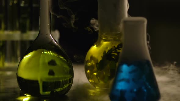 Liquid in Flasks Smoking and Boiling, Chemical Reaction, Experiments in Darkness