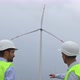 Engineers in white helmets look at windmill. - VideoHive Item for Sale