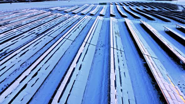 Frozen photovoltaic farm in winter. Alternative energy at winter.