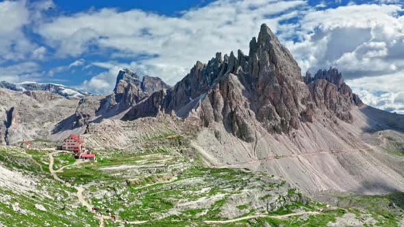 Aerial view of Monte Paterno in sunny Dolomites, Italy