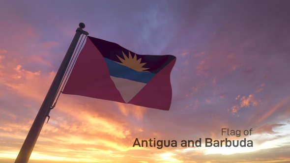 Antigua and Barbuda Flag on a Pole with Sunset / Sunrise Sky Background