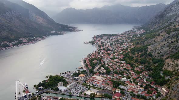 Slow and smooth dolly in of the epic landscapes of the Bay of Kotor Montenegro surrounded by stunnin