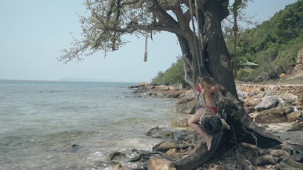 Happy Girl Sits on Old Swings By Tree on Calm Ocean Beach