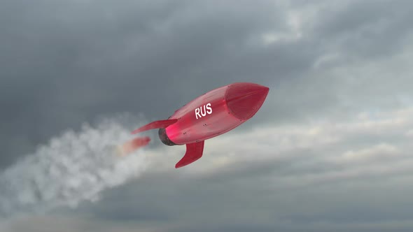 A red rocket with the flag of Russia is flying in the sky