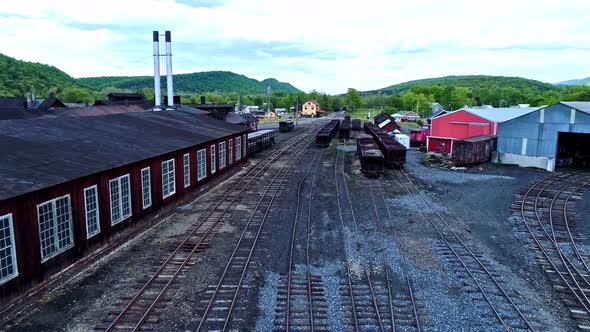 Aerial View of an Abandoned Narrow Gauge Coal Rail Road with Rusting Hoppers