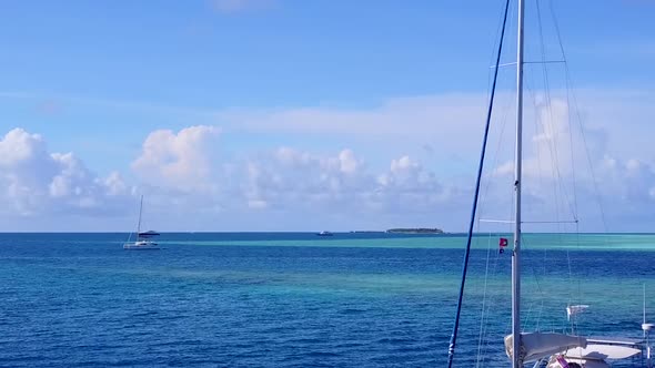 Aerial drone tourism of marine coast beach trip by lagoon with sand background