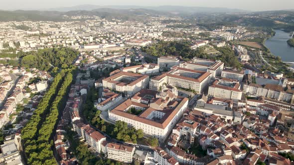 Coimbra University campus overlooking city cityscape. Aerial view