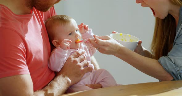 Parents feeding their baby boy at home  alt