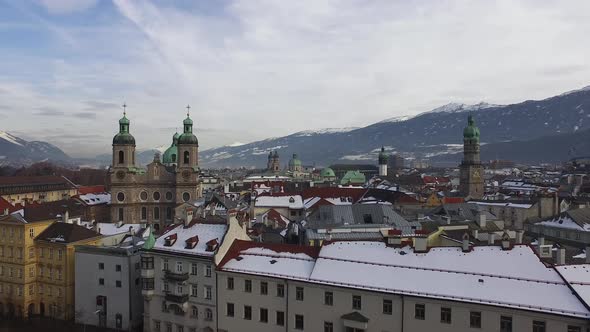 Aerial view of roofs and bell towers in Innsbruck