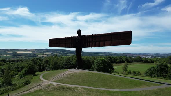 Angel of the North. Aerial shot flying from left to right showing the front of the Angel Of The Nort