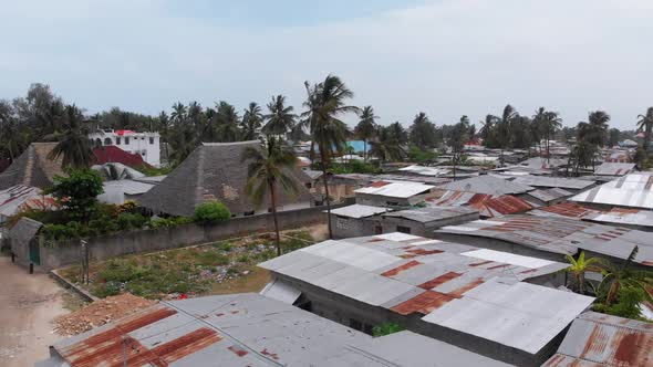 Aerial View African Slums Dirty House Roofs of Local Village Zanzibar Nungwi