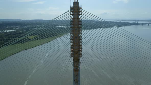 Close Rising View of a Cable Stayed Bridge in the Late Construction Phase