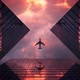 The Plane Flies Over the Skyscrapers. Wonderful Video Composition with Sunset - VideoHive Item for Sale
