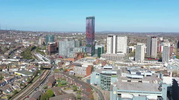 Dolly back drone shot of Croydon town centre London