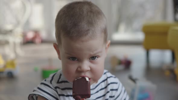 Portrait Face Caucasian Child Boy Kid Eating Ice Cream Enjoy in Playroom Indoors