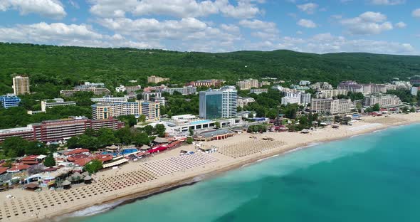 Aerial video of beach and hotels in Golden Sands, Zlatni Piasaci. Popular summer resort near Varna