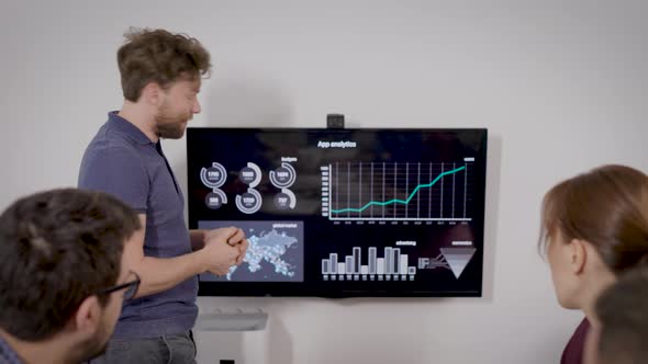 Financial Expert Man Is Explaining Charts with Data for His Colleagues at Business Conference in