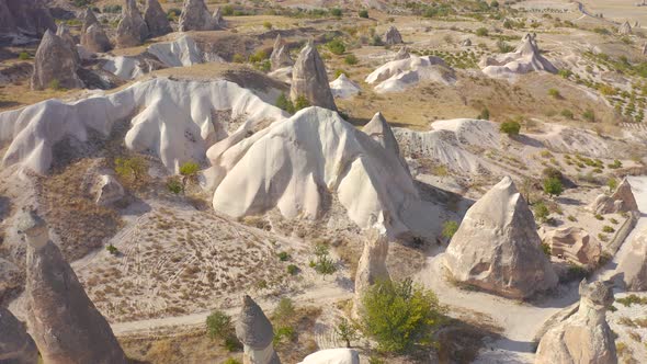 Aerial View Fairy Chimneys Rock Formations Near Goreme Town Cappadocia Turkey  2020