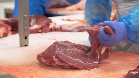 Butcher Cutting Beef By the Conveyor Belt