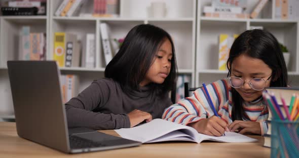 Two girls learning online at home