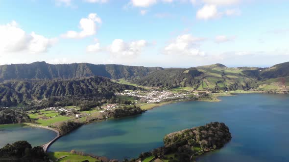 Panoramic of Lagoa Azul (Blue Lake) in Sete cidades, Ponta Delgada, Azores - Pan shot