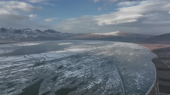 Aerial view of frozen Lake Paravani. The largest lake in Georgia