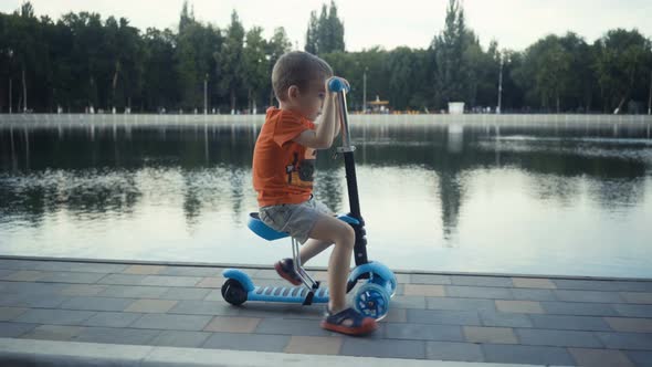 Happy Little Boy Two Years Old, Riding a Scooter in a Summer Park