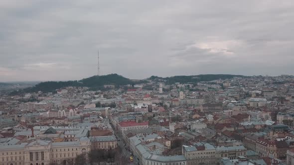 Aerial City Lviv, Ukraine. European City. Popular Areas of the Town