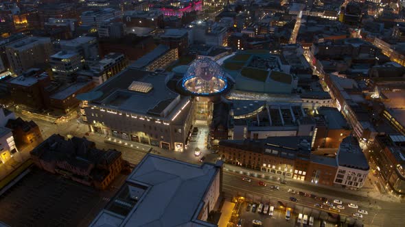 Belfast city centre aerial flyover. River Lagan