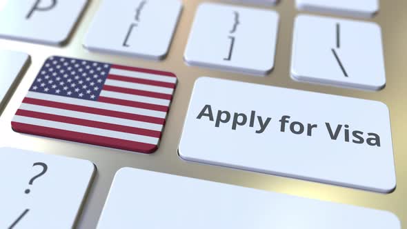 APPLY FOR VISA Text and Flag of the USA on Keyboard