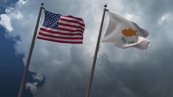 Waving Flags Of The United States And The Cyprus 4K