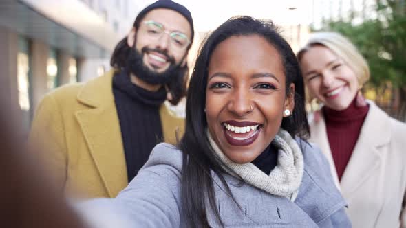 Young Business Coworkers Sharing Selfie Social Media Video Call with Professional Colleague Friend