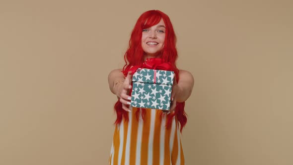Redhead Ginger Girl Presenting Birthday Gift Box Offer Wrapped Present Career Bonus Celebrating