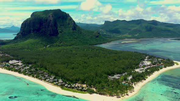 Aerial view of Mauritius island panorama and famous Le Morne Brabant mountain, beautiful blue lagoon