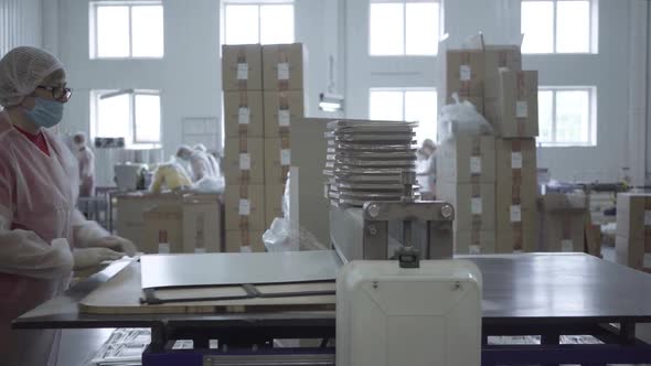 Caucasian Woman Putting Foil Sheet in Die Cutting Machine and Collecting Cutted Covers for Food Dish