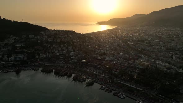 Foggy Sunset at sea aerial view 4 K Turkey Alanya